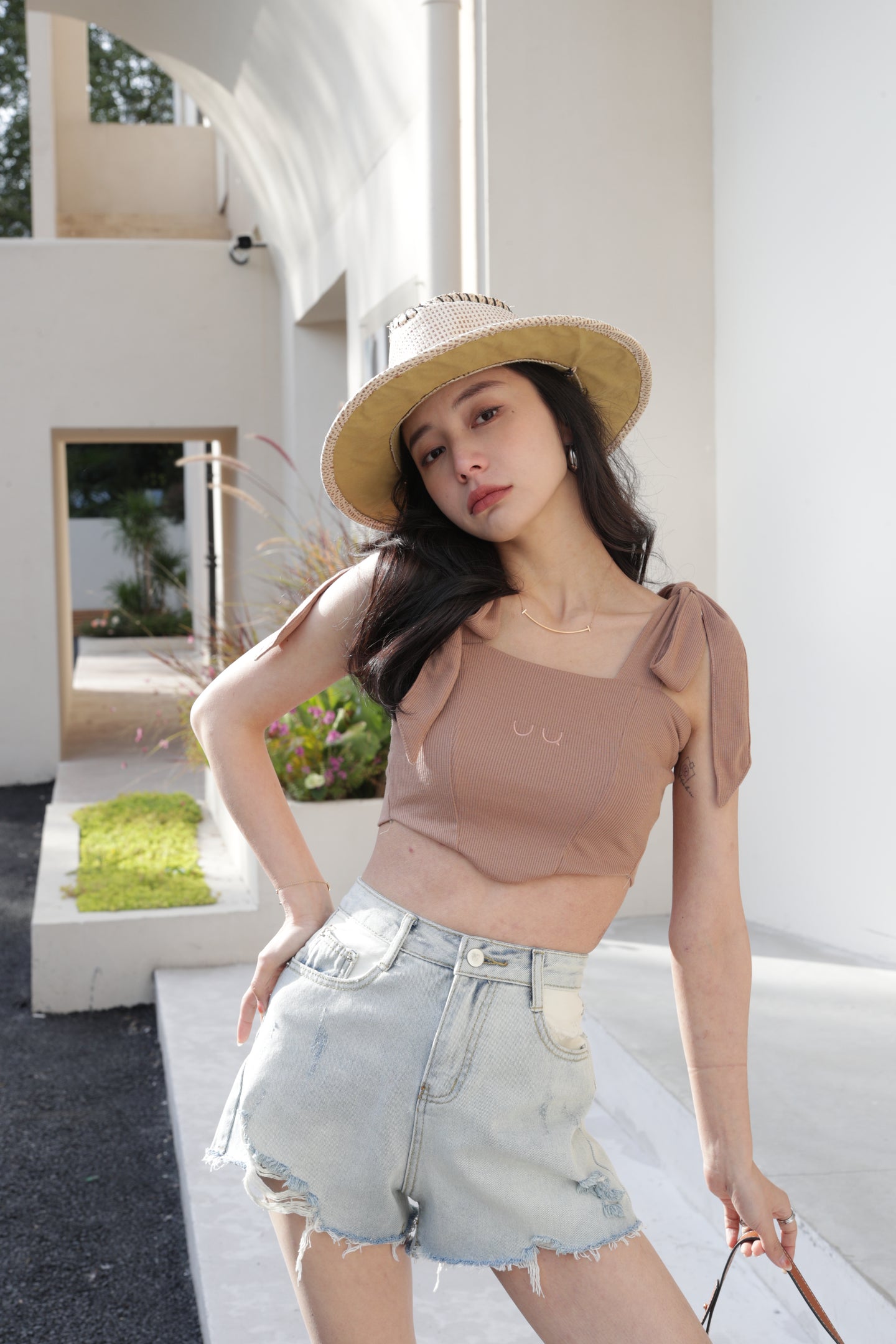 RIBBON TIE BUSTIER CROP IN BROWN