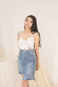 FLORAL LINE GEOMETRIC DENIM SKIRT (1392773201955)
